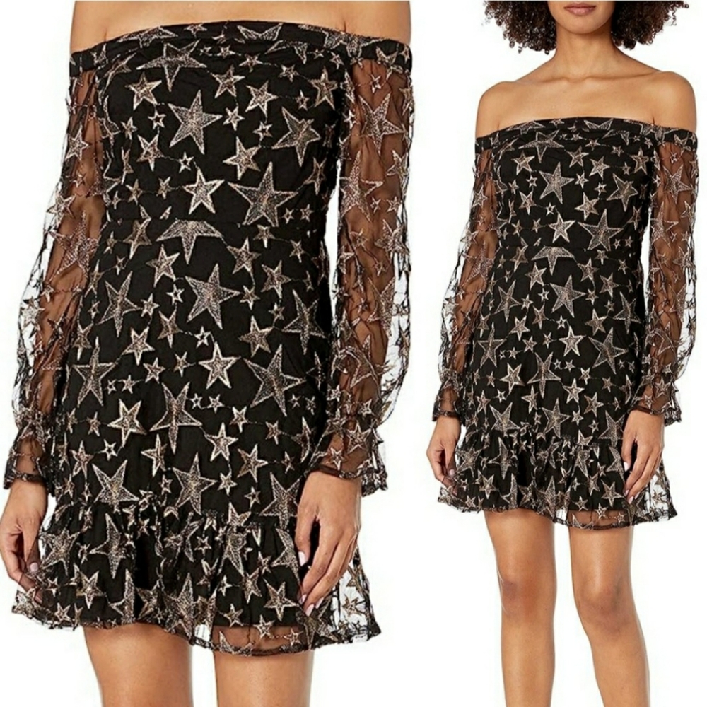 Sam Edelman Star Dress 14 Gold Black Off Shoulder Sheer Long Sleeves Celestial